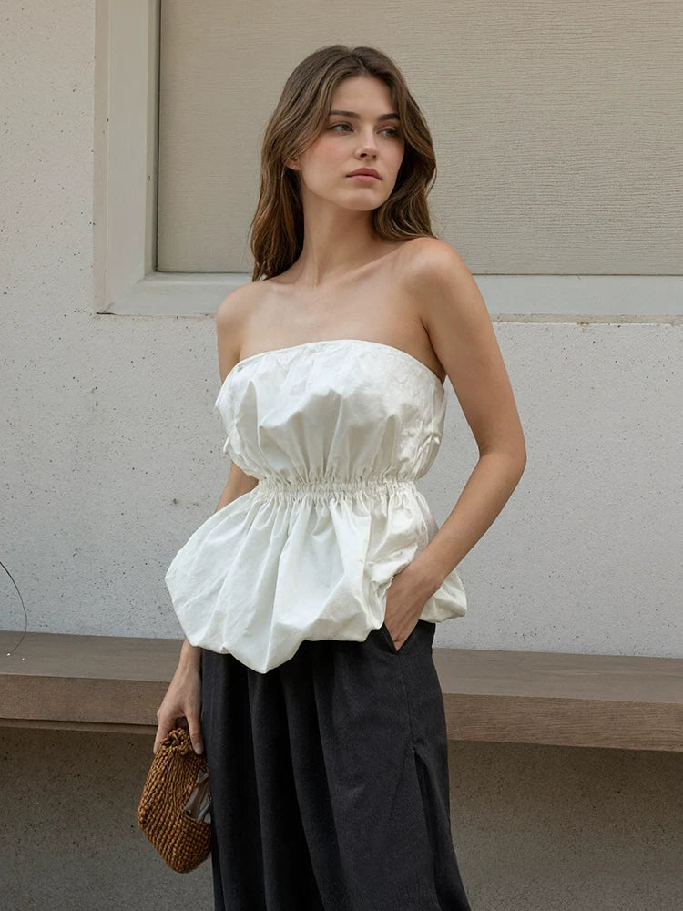 Fashion Tops欧美女士上衣白色围裹泡泡抹胸上衣时尚百搭设计感