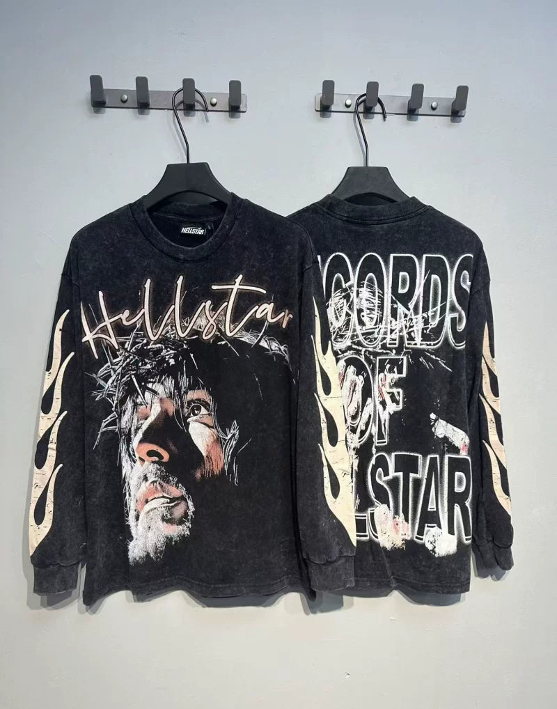 Hellstar Records Crown of Thorns Graphic Long Sleeve Tee - Washed Black