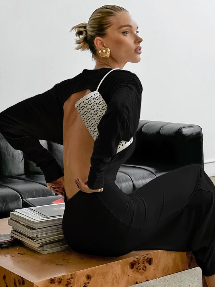 Backless Dress欧美女士连衣裙性感露背圆领长袖修身长裙
