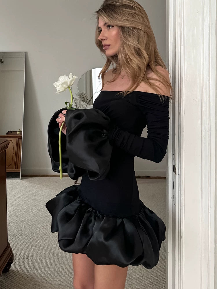 Elegant Dress欧美女士连衣裙一字领修身长袖精致优雅短裙