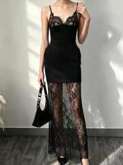 Lace Dress欧美女士连衣裙两件套性感蕾丝吊带黑色半透长裙搭配