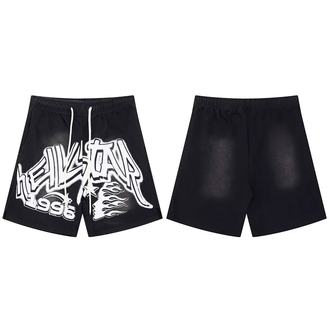 Hellstar Bold Typography & Flame Black Shorts