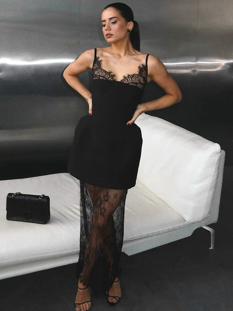 Sexy Dress欧美女士连衣裙性感两件套蕾丝半透吊带长裙黑色搭配