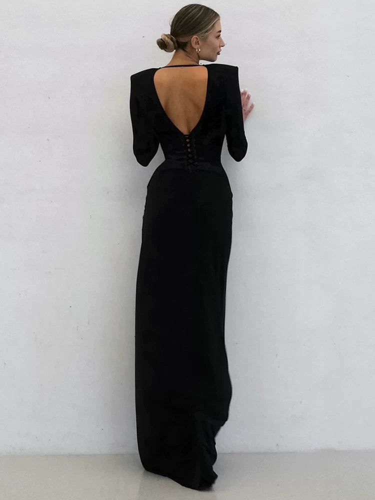 Elegant Dress欧美女士连衣裙V领长袖收腰优雅名媛长裙开叉晚礼服
