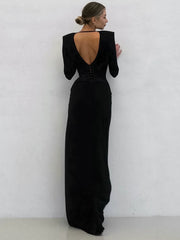 Elegant Dress欧美女士连衣裙V领长袖收腰优雅名媛长裙开叉晚礼服