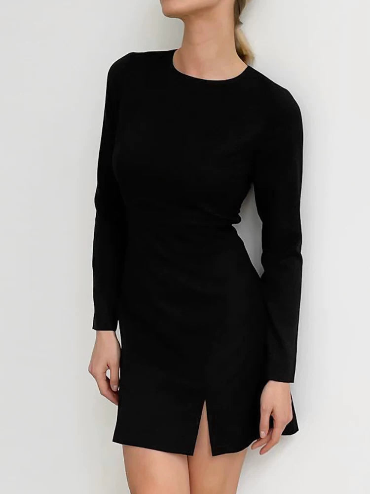 Women Dress欧美秋冬女士连衣裙黑色长袖露腰性感短裙休闲