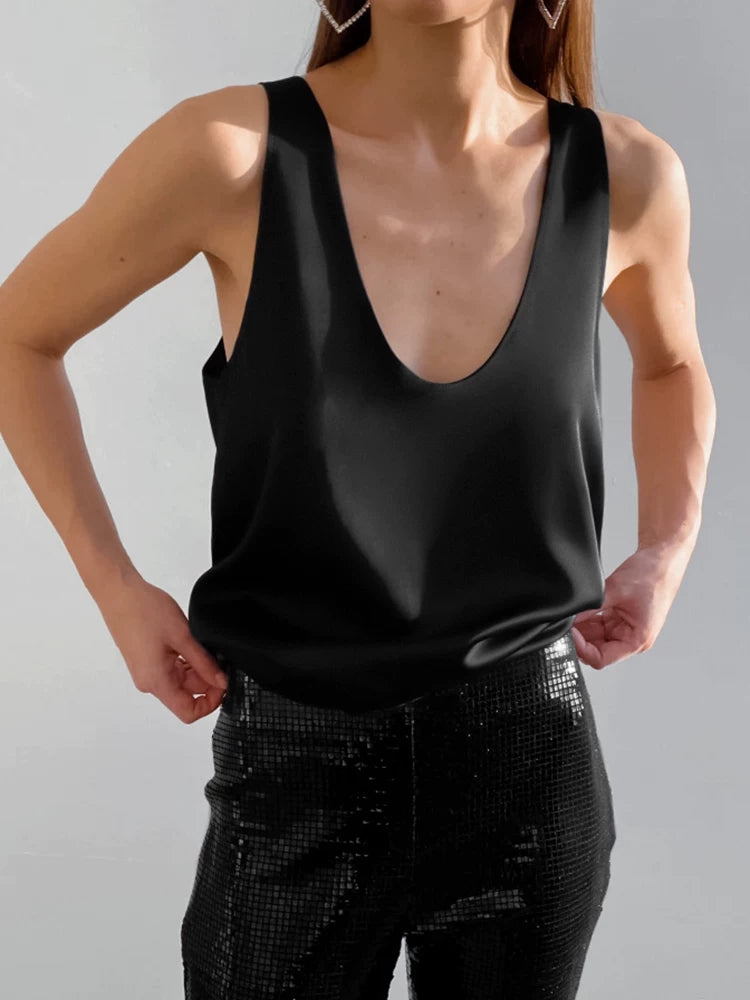 Sleeveless Tops欧美女士背心夏季宽松圆领无袖百搭上衣纯色简约