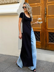 Fashion Dress欧美女士连衣裙个性圆领短袖不对称单边黑色长裙