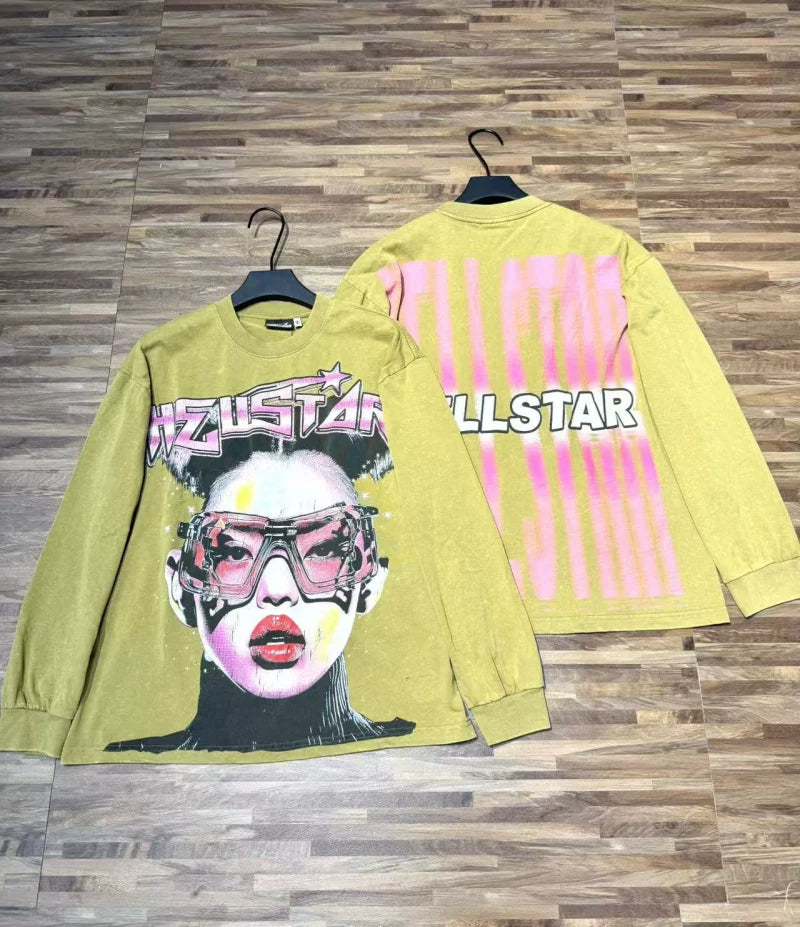 Hellstar Cyber Goggles Portrait Graphic Long Sleeve Tee - Olive Green