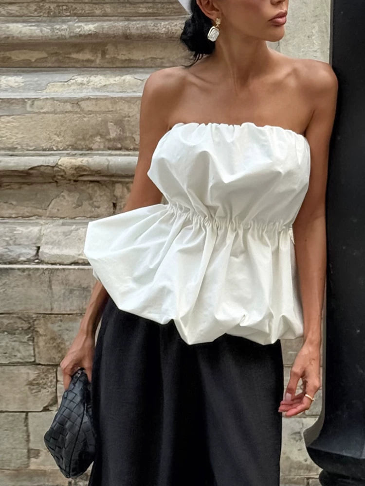 Fashion Tops欧美女士上衣白色围裹泡泡抹胸上衣时尚百搭设计感