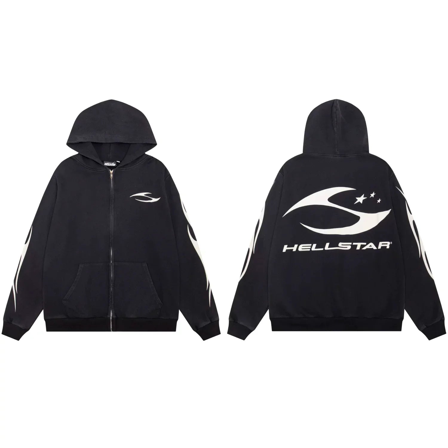 Hellstar Spiked Logo & Flame Zip-Up Black Hoodie