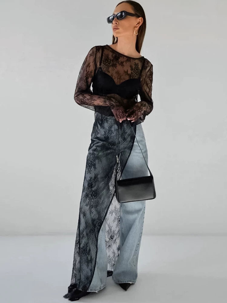 Lace Dress欧美女士连衣裙黑色蕾丝透视性感透视装圆领长袖不对称