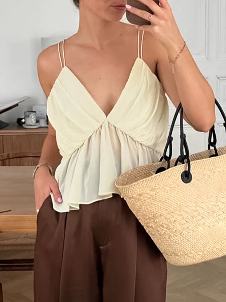 Fashion Tops欧美女士背心纯色休闲吊带上衣时尚设计感春夏百搭