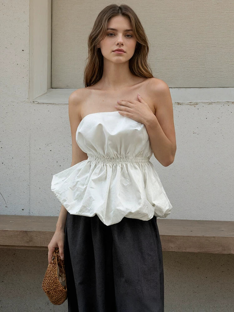 Fashion Tops欧美女士上衣白色围裹泡泡抹胸上衣时尚百搭设计感
