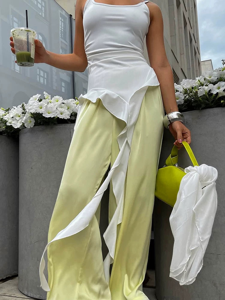Fashion Tops欧美女士背心不对称荷叶边时尚白色上衣春夏休闲
