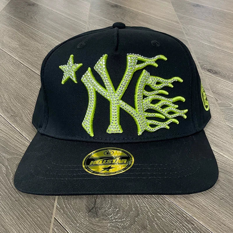 Hellstar Rhinestone NY Flame Logo Snapback Hat - Black/Neon Green