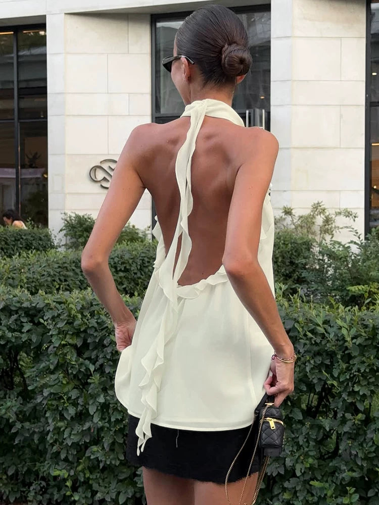 Backless Tops欧美女士背心挂脖露背荷叶边上衣春夏百搭时尚