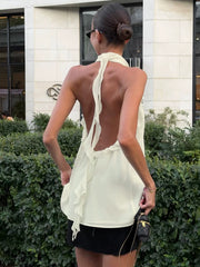 Backless Tops欧美女士背心挂脖露背荷叶边上衣春夏百搭时尚