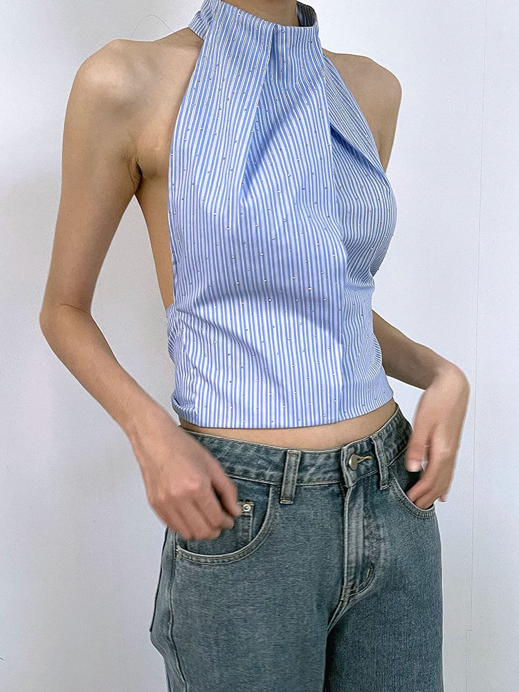 Sexy Tops欧美女士背心挂脖蓝色条纹性感露背精致带钻上衣