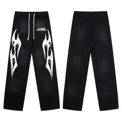 Hellstar White Flame Graphic Washed Black Sweatpants