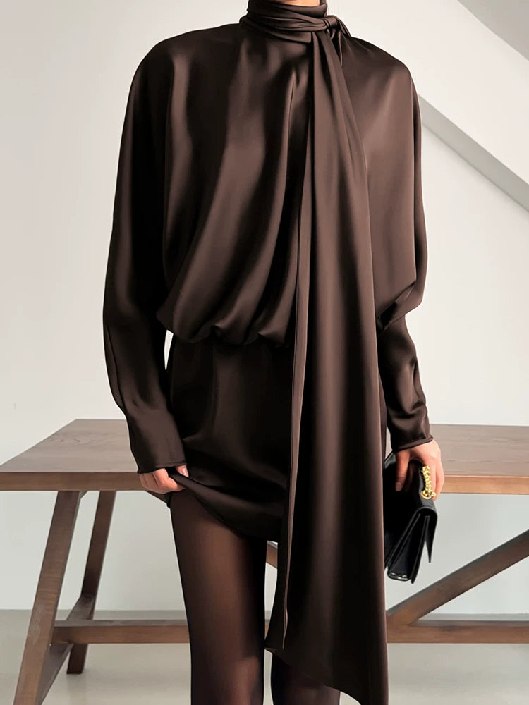Fashion Dress欧美女士连衣裙优雅长袖围脖收腰短裙时尚纯色