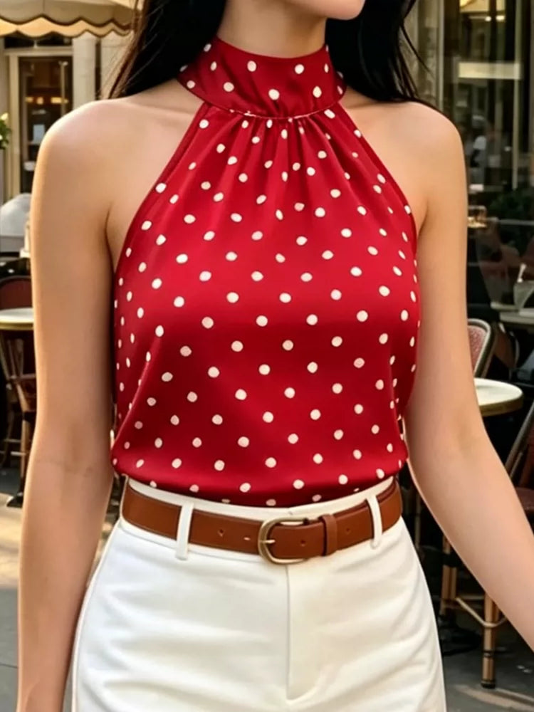 Summer Tops欧美女士背心时尚挂脖波点印花无袖上衣夏季百搭度假