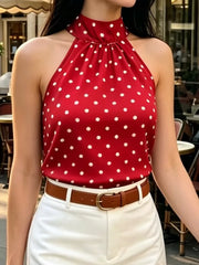 Summer Tops欧美女士背心时尚挂脖波点印花无袖上衣夏季百搭度假