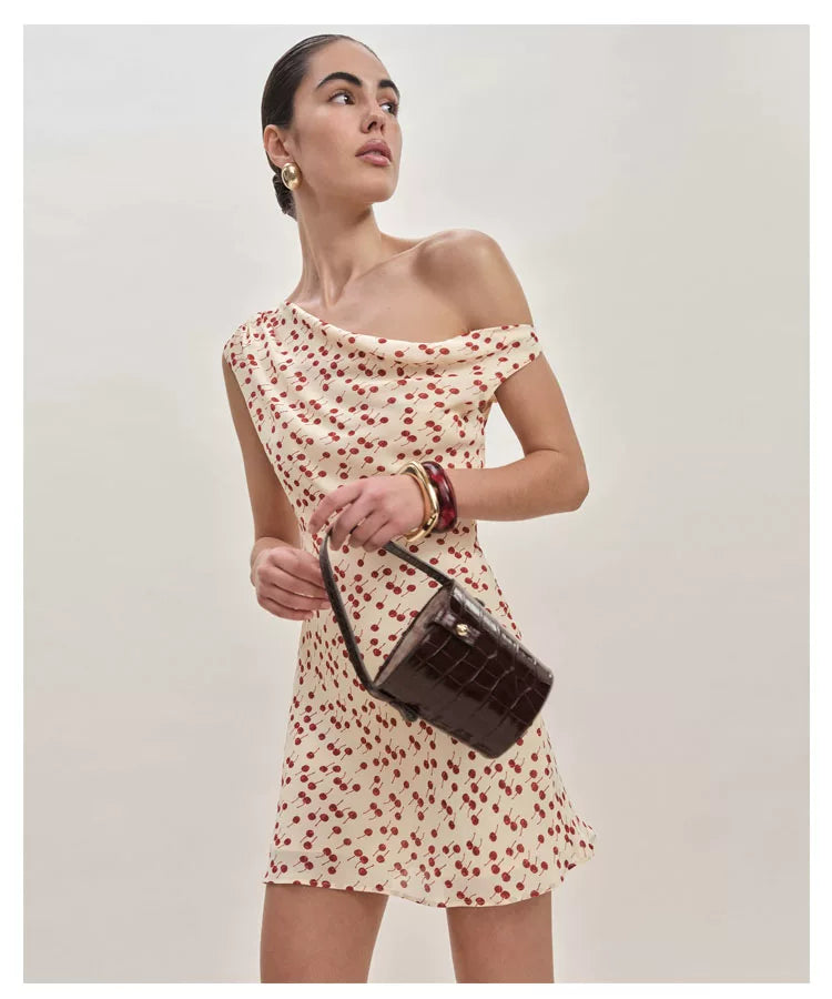 Reformation French niche cherry floral slant neck single shoulder slim fit sexy dress A-line short skirt
