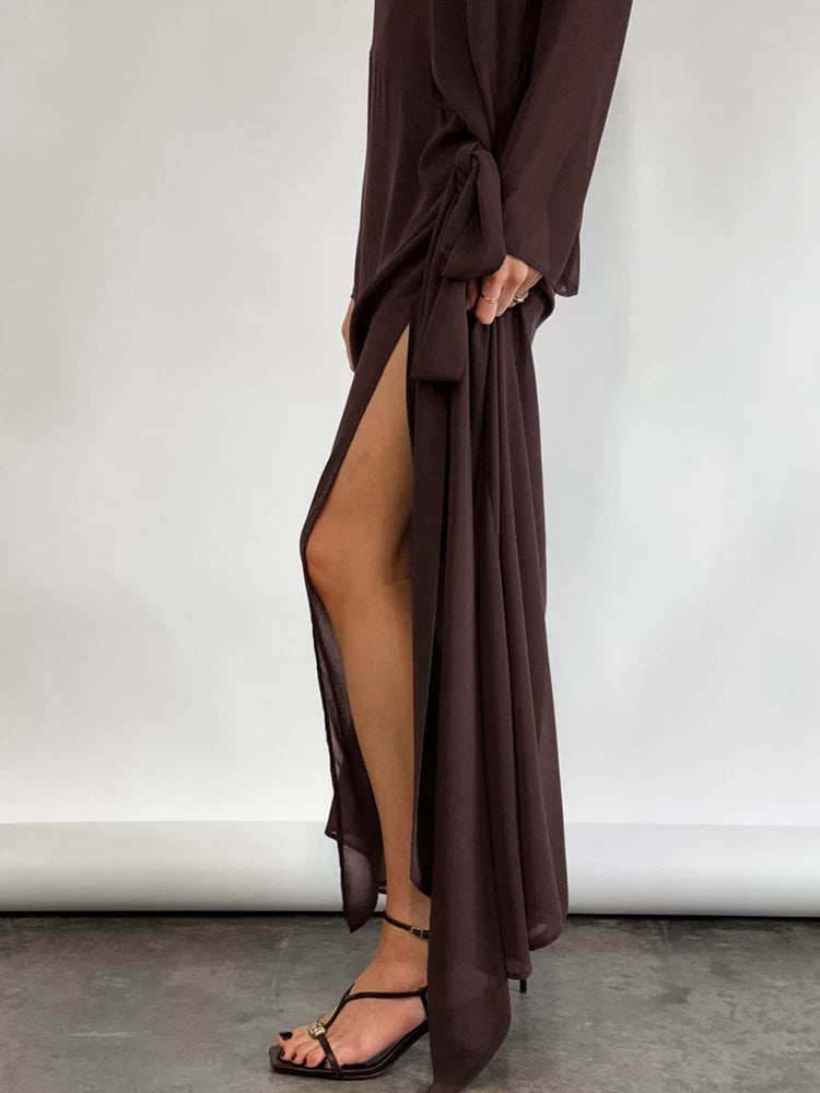 Women Dress欧美女士连衣裙圆领长袖款式薄纱长裙开叉半透裙子