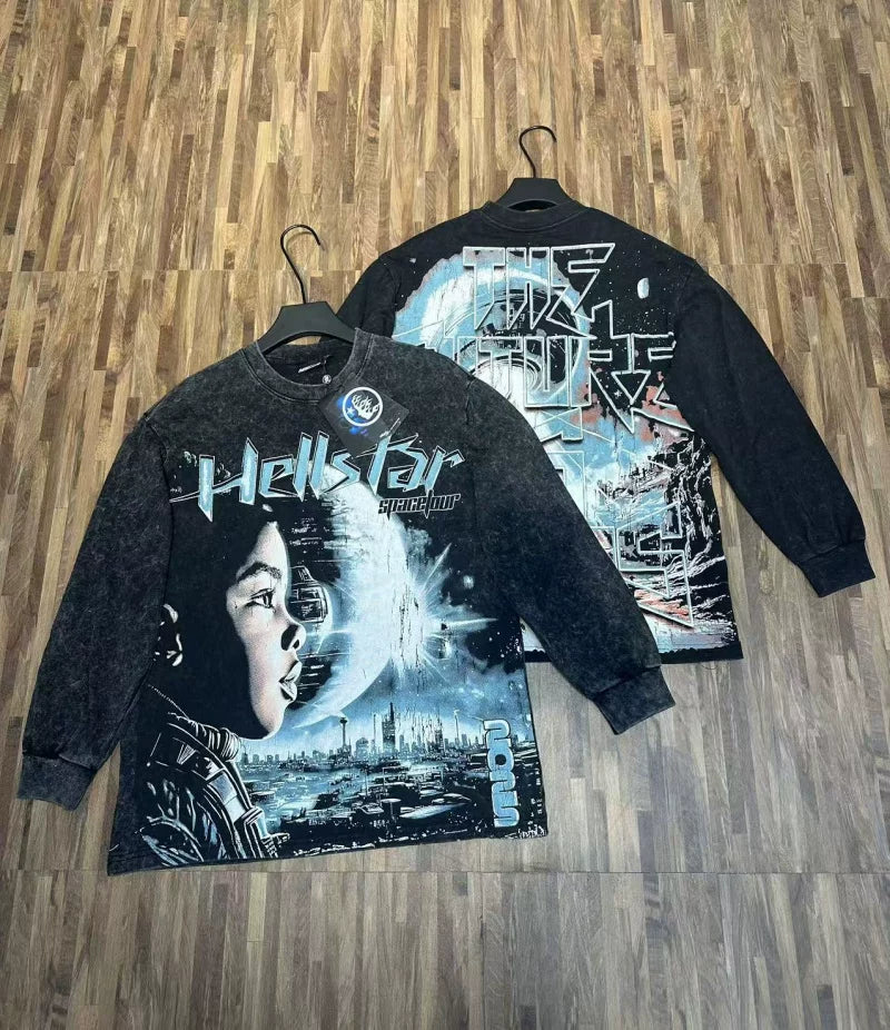 Hellstar Cosmic Sci-Fi Graphic Long Sleeve Tee - Washed Black
