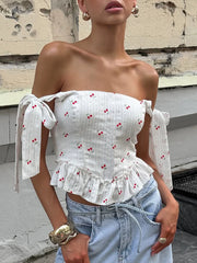 Fashion Tops欧美女士上衣印花系带短背心荷叶摆时尚一字领