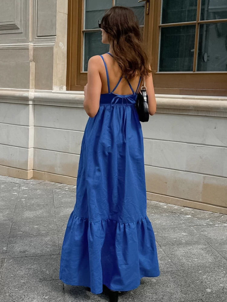 Women Dress欧美女士连衣裙蓝色吊带连身裙露背性感长裙棉麻休闲