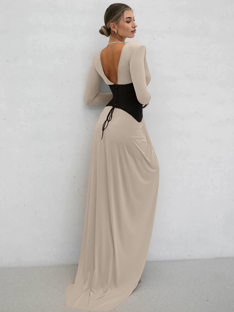 Elegant Dress欧美女士连衣裙V领长袖收腰优雅名媛长裙开叉晚礼服