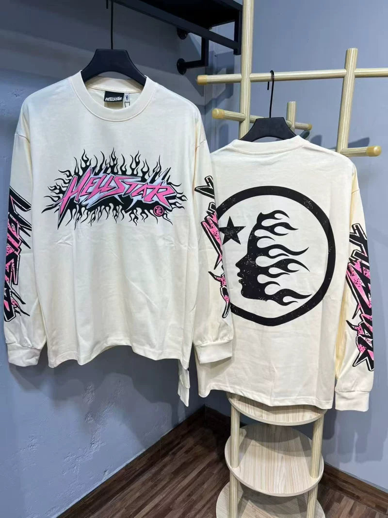 Hellstar Pink Logo & Flame Face Long Sleeve Tee - Off-White