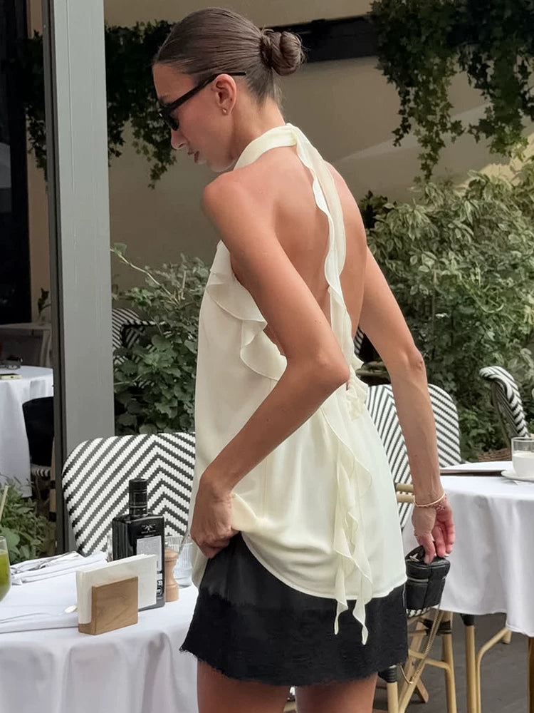 Backless Tops欧美女士背心挂脖露背荷叶边上衣春夏百搭时尚