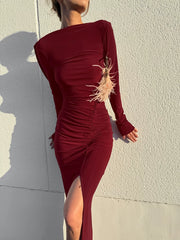 Backless Dress欧美女士连衣裙露背长袖性感长裙红色