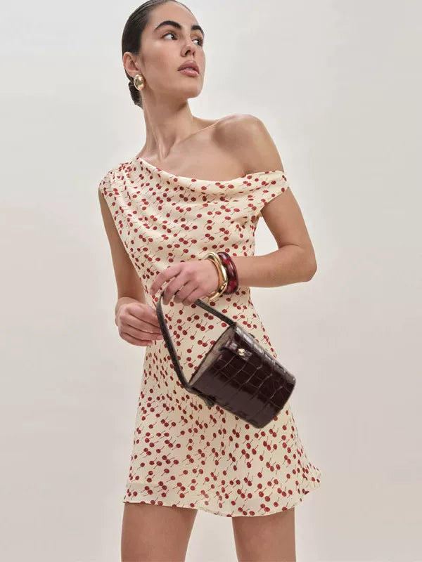 Reformation French niche cherry floral slant neck single shoulder slim fit sexy dress A-line short skirt