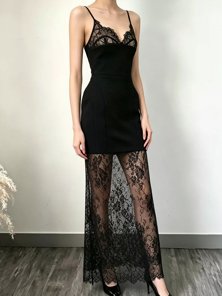 Lace Dress欧美女士连衣裙两件套性感蕾丝吊带黑色半透长裙搭配