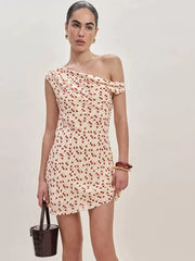 Reformation French niche cherry floral slant neck single shoulder slim fit sexy dress A-line short skirt