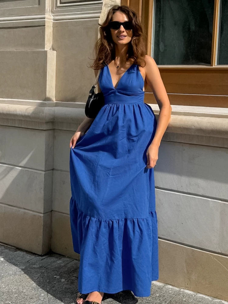 Women Dress欧美女士连衣裙蓝色吊带连身裙露背性感长裙棉麻休闲