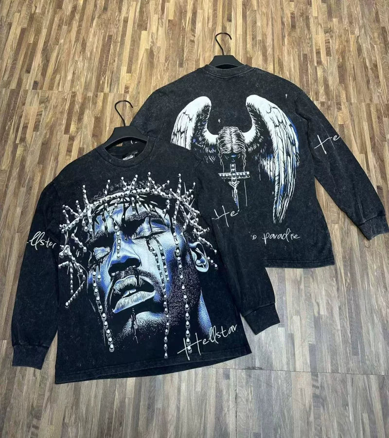 Hellstar Crown of Thorns Angel Wings Graphic Long Sleeve Tee - Washed Black