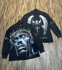 Hellstar Crown of Thorns Angel Wings Graphic Long Sleeve Tee - Washed Black