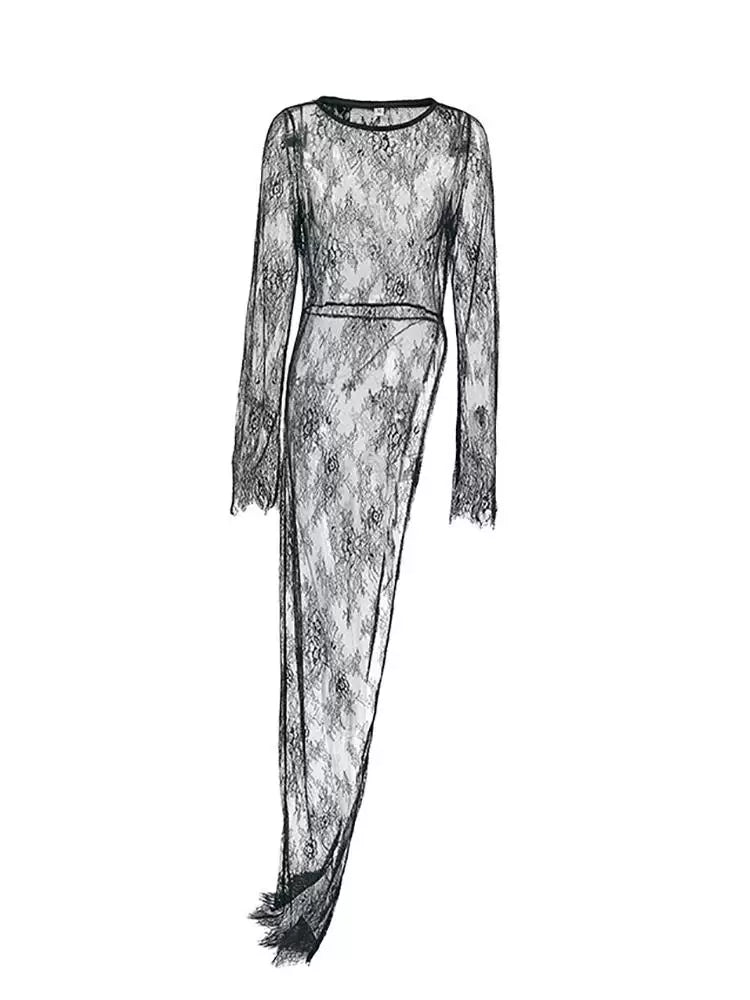 Lace Dress欧美女士连衣裙黑色蕾丝透视性感透视装圆领长袖不对称