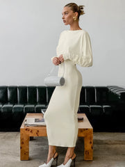 Backless Dress欧美女士连衣裙性感露背圆领长袖修身长裙