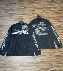 Hellstar Winged Logo Graphic Long Sleeve Tee - Washed Black