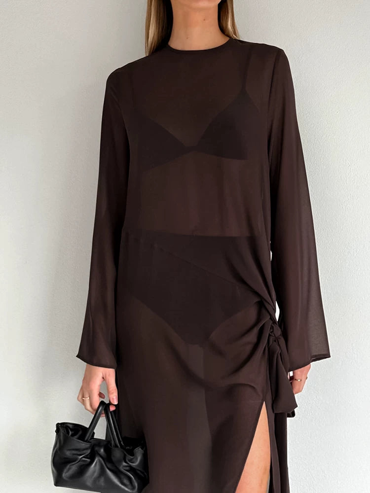 Women Dress欧美女士连衣裙圆领长袖款式薄纱长裙开叉半透裙子