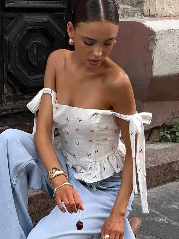 Fashion Tops欧美女士上衣印花系带短背心荷叶摆时尚一字领