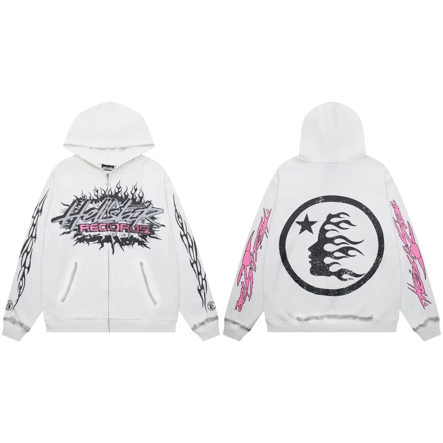 Hellstar Records Pink & Black Zip-Up White Hoodie