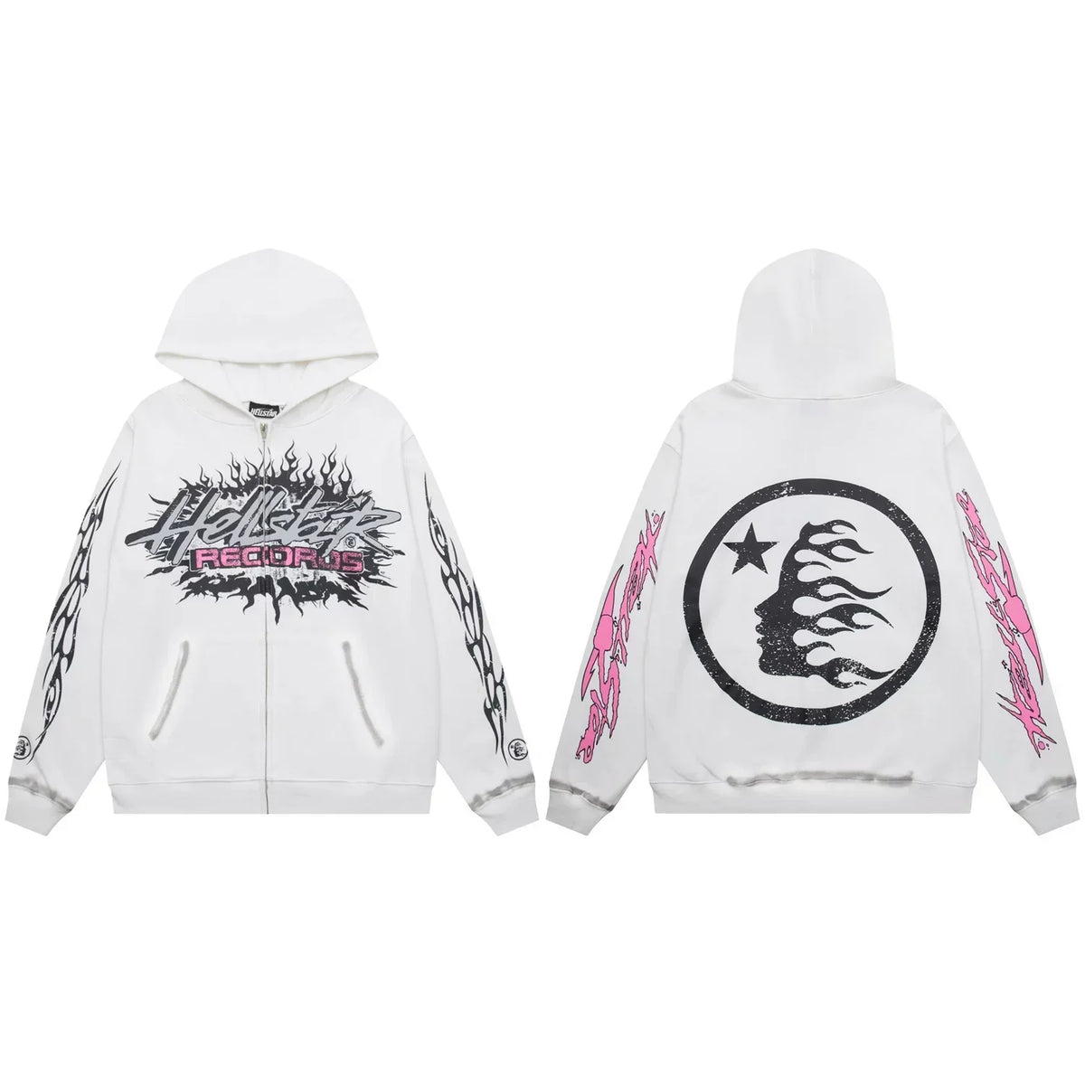 Hellstar Records Pink & Black Zip-Up White Hoodie