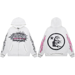Hellstar Records Pink & Black Zip-Up White Hoodie